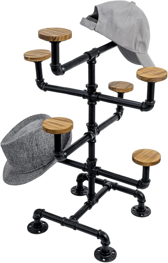 MyGift Hat Display Stand, Cowboy Hat Holder Rack with 8 Round Rustic Burnt Solid Wood Hangers, Countertop Retail Display Stand for Baseball Cap or Wig, Industrial Black Metal Pipe