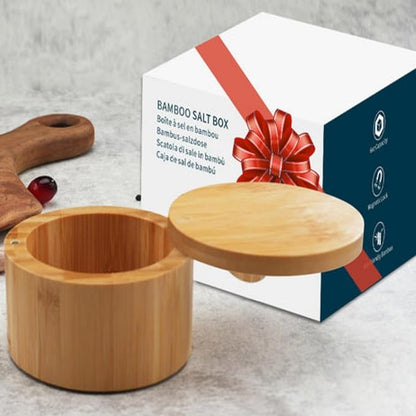 Bamboo Salt Cellar Bowl Box with Swivel Magnetic Lid to Avoid Dust, Elegant Kitchen Salt Container Holder with to Storage Pepper Spice Bath & Sea Salts, 6OZ（Built-in Spoon）