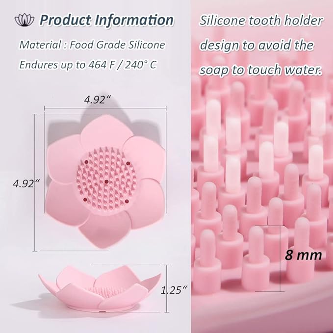 Soap Dishes with Draining, Bathroom Bar Soap Holder for Shower, Soap Tray for Kitchen Sink, Silicone Flower Shape Soap Saver for Counter, Bathtub. Extend Soap Life, Easy Dry (2 Pack, Pink + Blue)