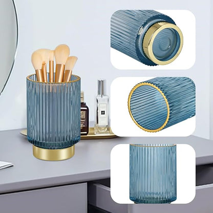 Glass Makeup Brush Holder,Gold Toothbrush Holders,Cute Make Up Brush Cup Holder,Vintage Vanity Makeup Organizer for Bathroom and Desktop (Blue)