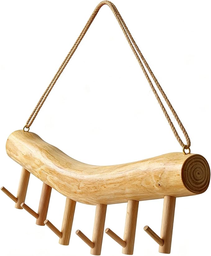 15.7-Inch Rustic Wood Wall Hanging Jewelry Organizer - Handmade Natural Wood Logs Branch Decor with 6 Hooks for Necklace, Earring, Bracelet Storage - Farmhouse, Cabin, Bathroom Home Décor