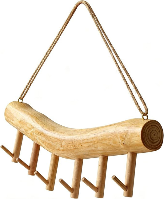 15.7-Inch Rustic Wood Wall Hanging Jewelry Organizer - Handmade Natural Wood Logs Branch Decor with 6 Hooks for Necklace, Earring, Bracelet Storage - Farmhouse, Cabin, Bathroom Home Décor