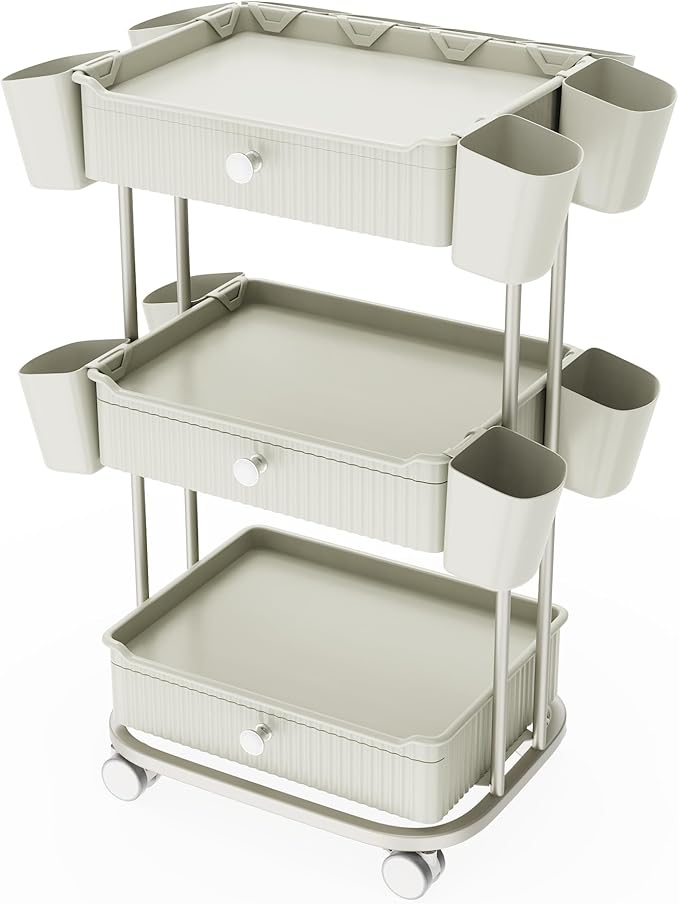 3 Tier Drawer Beauty Cart with 12 Movable Storage Organizer, Thickened ABS & 360° Wheels for Salon Station for Hair Stylist, Beauty Salon, Spa Massage Parlor, Makeup Organizer and More - Beige Gray