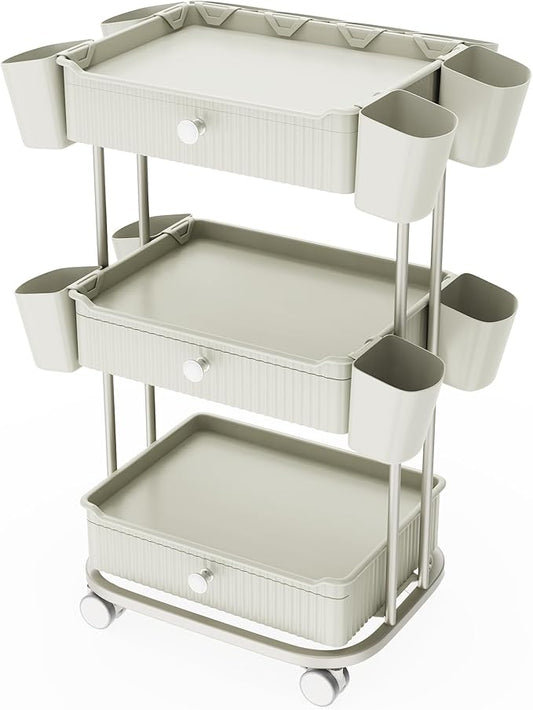 3 Tier Drawer Beauty Cart with 12 Movable Storage Organizer, Thickened ABS & 360° Wheels for Salon Station for Hair Stylist, Beauty Salon, Spa Massage Parlor, Makeup Organizer and More - Beige Gray