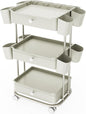 3 Tier Drawer Beauty Cart with 12 Movable Storage Organizer, Thickened ABS & 360° Wheels for Salon Station for Hair Stylist, Beauty Salon, Spa Massage Parlor, Makeup Organizer and More - Beige Gray