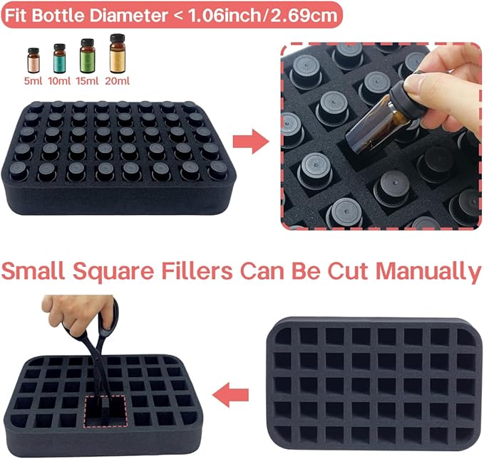 Essential oils Organizer Holder Foam Pad with Slots, Holds 40 bottles of 10ml、15ml Bottles, Removable Dividers，Black