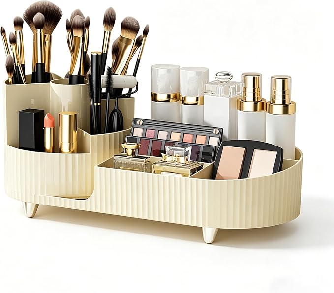 Makeup Organizer with 360° Rotating Brush Holder Cosmetic Storage for Cosmetics, Skincare, Perfume, Bathroom Vanity Desktop Organizer, Lotions Display Case (Cream)