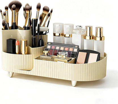 Makeup Organizer with 360° Rotating Brush Holder Cosmetic Storage for Cosmetics, Skincare, Perfume, Bathroom Vanity Desktop Organizer, Lotions Display Case (Cream)