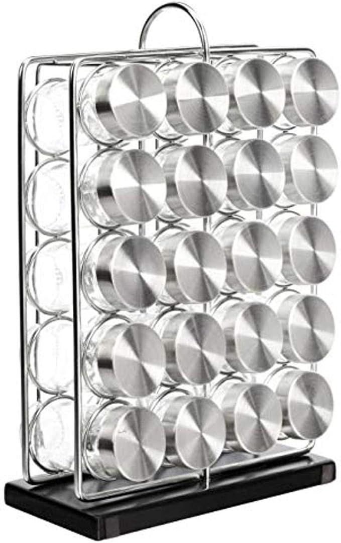 Amazon Basics 20 Jars Spice Rack Organizer, Space-Saving Kitchen Organizer with Glass Spice Jars, Sturdy, Silver