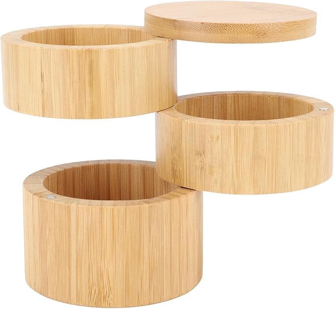 3-Tier Wooden Rotating Spice Storage Box with Swivel Lid, Triple-Layer Condiment Organizer for Kitchen Countertop Home Cooking, Salt Sugar Pepper Seasoning Jar, Easy to Clean Household Tool