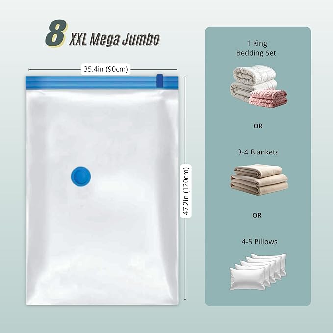 8 Mega Jumbo XXL Vacuum Storage Bags with Pump, Supersized Compression Space Saver for Comforter, duvet, Bedding, Blanket storage, Vacuum Seal Bags for Clothing, Durable Safe Poly Material