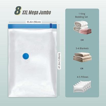 8 Mega Jumbo XXL Vacuum Storage Bags with Pump, Supersized Compression Space Saver for Comforter, duvet, Bedding, Blanket storage, Vacuum Seal Bags for Clothing, Durable Safe Poly Material
