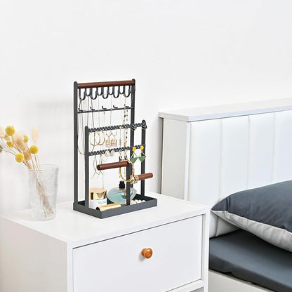 Lolalet Jewelry Holder Organizer Jewelry Stand, 6 Tier Jewelry Rack Necklace Holder Organizer with 15 Hooks and Bottom Tray, Jewelry Tower Display Storage Tree for Bracelets Earrings Rings -Grey