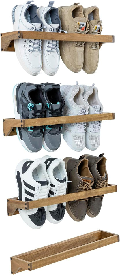 MyGift Set of 4 Premium Acacia Wood Wall Hanging Shoe Rack, Wall Mounted Space Saving Footwear Storage System for Closet, Mudroom, Entryway, Holds 8 Pairs