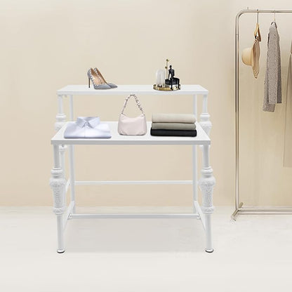 Industrial Retail Display Tables, Set of 2 Standing Clothing Shoes Display Rack Boutique Display Table Storage Shelves for Retail Store, Hotel, office. (White)