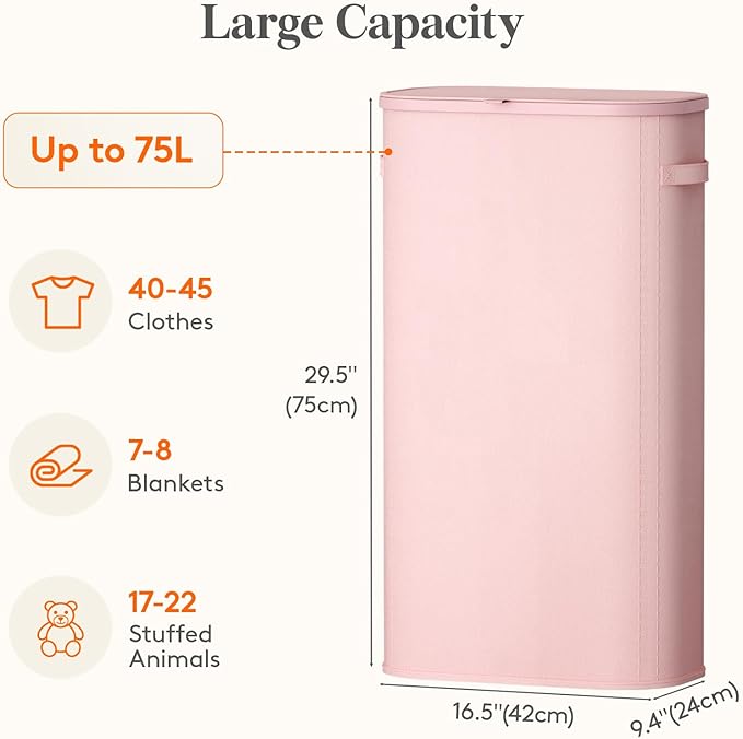 Lifewit Slim Laundry Basket with Lid, Narrow Large Laundry Hamper with Plastic Handles and Removable Bag, Tall Foldable Dirty Clothes Hampers for Laundry Room, Bedroom, Bathroom, Dorm, 75L Pink