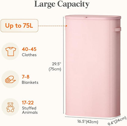 Lifewit Slim Laundry Basket with Lid, Narrow Large Laundry Hamper with Plastic Handles and Removable Bag, Tall Foldable Dirty Clothes Hampers for Laundry Room, Bedroom, Bathroom, Dorm, 75L Pink