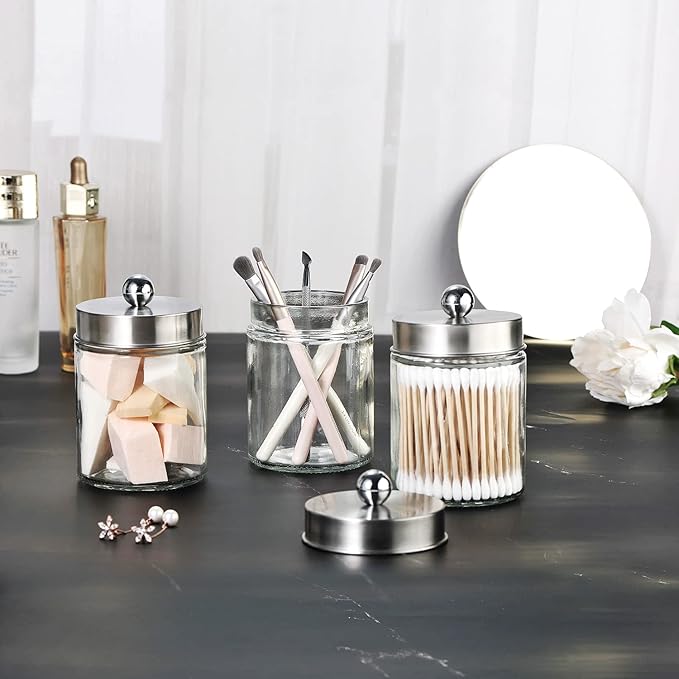 3PC Apothecary Jar Canisters Bathroom Vanity Organizer - Qtip Holder Storage Countertop & Stainless Steel Lids &Cute Stickers for Qtips,Cotton Swabs,Makeup Sponges,Floss (Brushed Nickel)