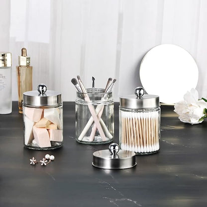 3PC Apothecary Jar Canisters Bathroom Vanity Organizer - Qtip Holder Storage Countertop & Stainless Steel Lids &Cute Stickers for Qtips,Cotton Swabs,Makeup Sponges,Floss (Brushed Nickel)