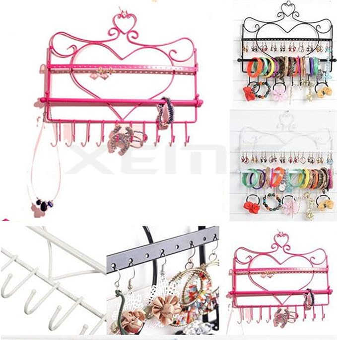 Wall Hanging Jewelry Organizer Holder, 28 Hooks Bracelet Earrings Wall Metal Shelf Necklace Hanger (Pink)