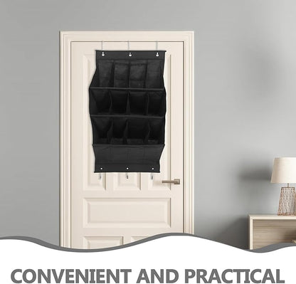 BESPORTBLE The Door Shoe Organizer with 12 Large Breathable Pockets, Black Foldable Hanging Shoe Rack for Closet Door Storage, Space-saving Sneaker and Sandal Holder for Apartments