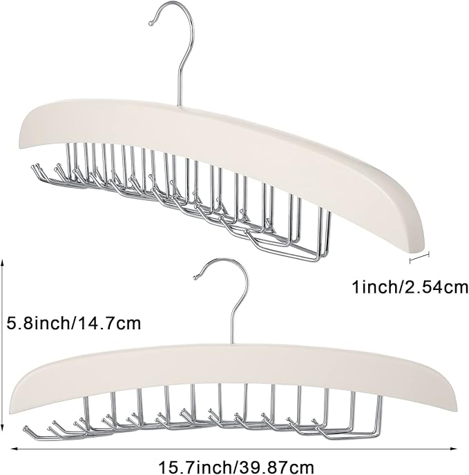 Jetec 2 Pieces Tie Rack Tie Hanger 24 Hooks Wooden Tie Rack Hanger for Closet 360 Degree Rotating Belt Holder Tie Organizer for Men Women Bras Tank Tops Camisoles(White)