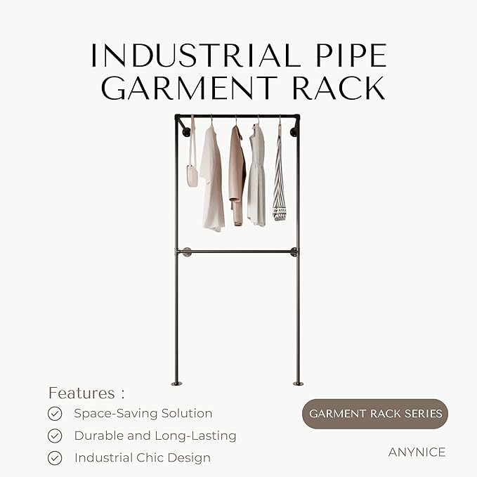 Black Industrial Pipe Clothing Rack 37.4" W Wall Mounted, Heavy Duty Iron Garment Rack 150 lbs per Rod, Open Closet Organizer for Bedroom Laundry Room Retail Display