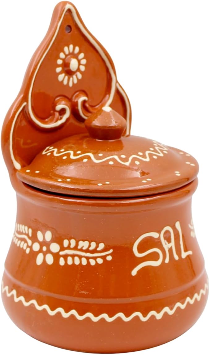 Portuguese Terracotta Salt Holder with Lid, Hand-Painted Sal Design – Food Safe, Wall-Mountable, Traditional Portuguese Kitchen Decor (Large)