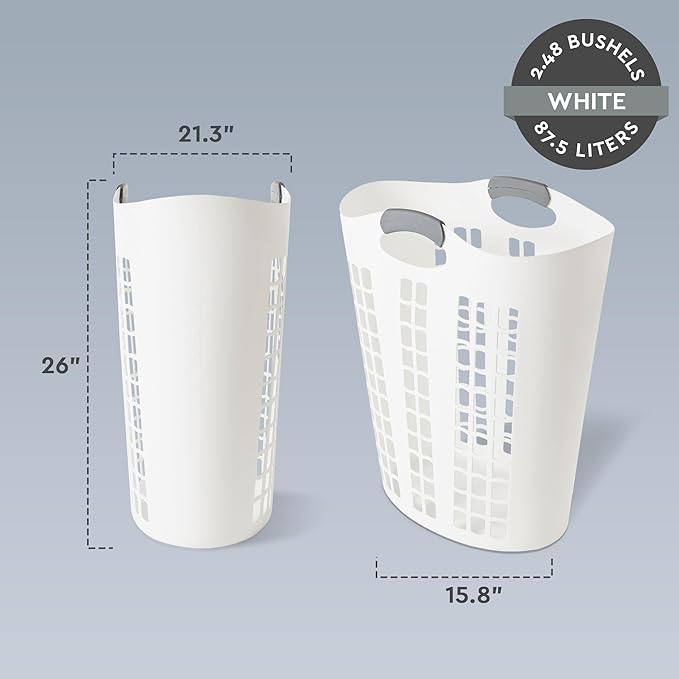 Gracious Living Easy Carry Flex Hamper, Large 87.5 Liter Lightweight Plastic Ventilated Laundry Basket Clothes Bin with Handles, White (2 Pack)