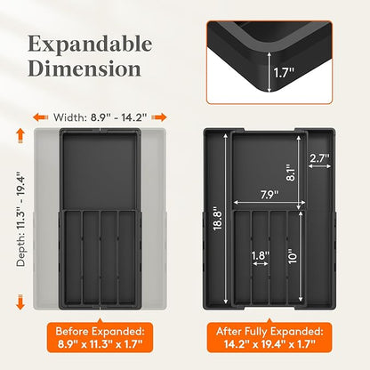 Lifewit Silverware Drawer Organizer, Expandable BPA Free Utensil Tray for Kitchen, Adjustable Flatware and Cutlery Holder, Plastic Storage for Spoons Forks Knives, 8.9-14.2 x 11.3-19.4 x 1.7, Black