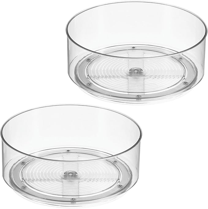 mDesign Lazy Susan Turntable Plastic Spinner for Kitchen/Bathroom, Pantry, Fridge, Cupboards, or Counter Organizing, Fully Rotating Organizer for Food, 9" Round - Lumiere Collection - 2 Pack, Clear