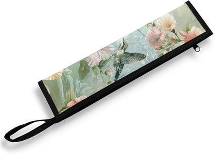 COEQINE Hummingbirds Travel Flatware Organizer Cutlery Pouch Metal Straws Case Green Floral Utensil Carrying Case for Knife Frok Spoon Organizer Holder