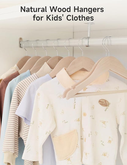 StorageWorks Baby Hangers 20 Pack, Lotus Wood Clothes Organizer for Toddler, Kids Wooden Hanger with Pant Bar for Closet, Natural Lotus Wood Color