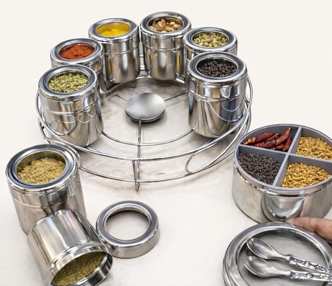 12 in 1 Stainless Steel Masala Box with Stand | Kitchen Masala Dabba | Steel Spice Box with 8 Containers & 4-Section Center | 22 cm Diameter