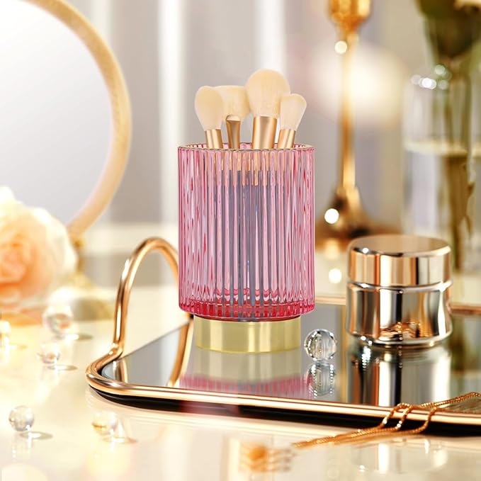 Vintage Makeup Brush Holder Organizer,Dresser Glass Brushes Holder,Vanity Cosmetic Brush Holder,Desktop Crystal Eyeliners Eyebrow Pencil Storage Cup Holder for Countertop (Large Pink)