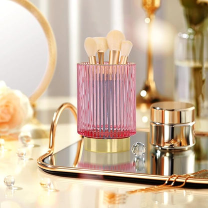 Vintage Makeup Brush Holder Organizer,Dresser Glass Brushes Holder,Vanity Cosmetic Brush Holder,Desktop Crystal Eyeliners Eyebrow Pencil Storage Cup Holder for Countertop (Large Pink)