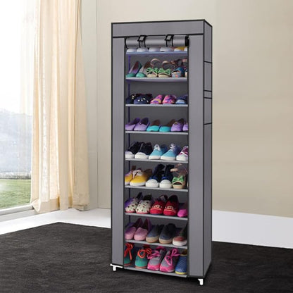 63" The Large Shoe Rack Large with dust Cover Shoe Rack with Covers on The 10-Floor Non-Woven Shoe Cabinet is Used for Closet, Bedroom and Garage, (Grey)