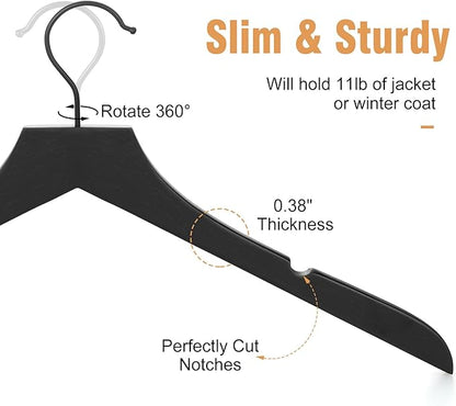 TOPIA HANGER Wooden Hangers 20 Pack, Rubber Wood Clothes Hangers with Rotatable Black Hook and Smooth Cut Nothces, Durable Hanger for Coats, Suits, Jackets, Sweaters, Dresses, Black - CTS07B