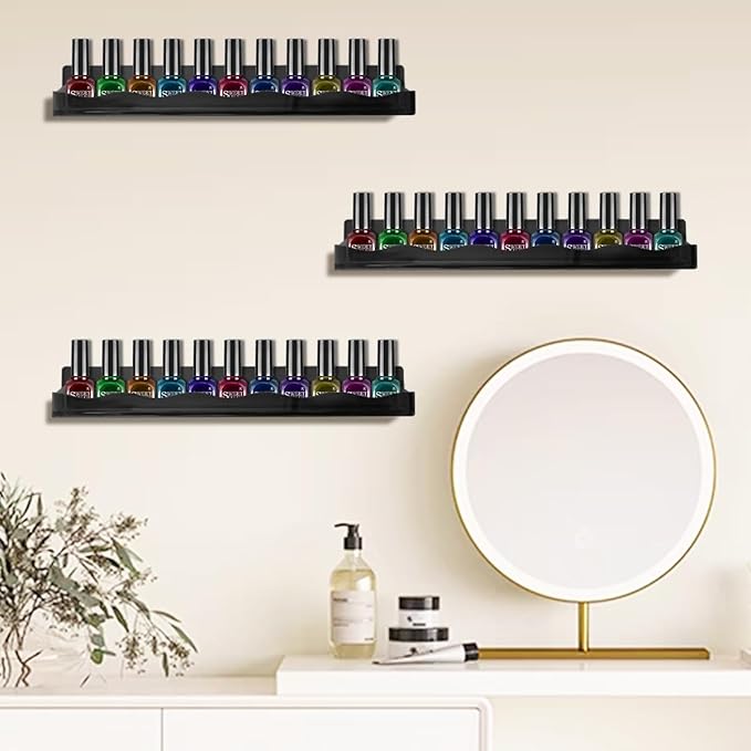 BTremary 15" Nail Polish Rack Wall Mounted Shelf Acrylic Paints Gel Polish Organizer and Storage with End Caps for Nail Techs, Art Lovers, Great Display Salons, Floating Shelves for Wall, Black