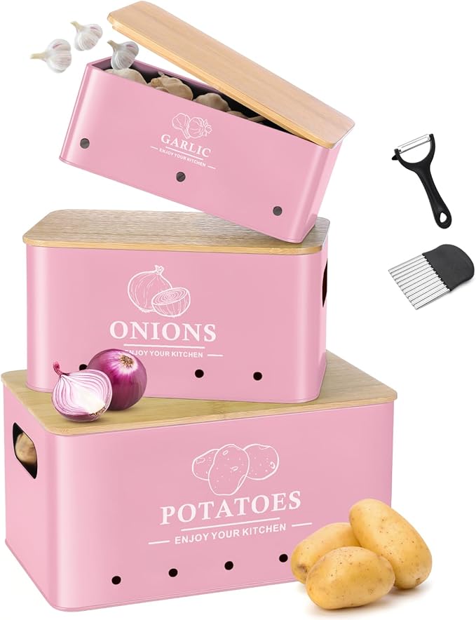 Kitchen Vegetable Storage Set of 3, Metal Onion Garlic Potato Storage Set, Kitchen Canisters Vegetable Keeper Containers with Aerating Holes and Wooden Lid (Pink)