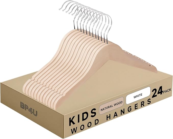Kids Wood Hangers Without Bar, 24 Pack Baby Children Wooden Hangers with 360° Rotatable Hook for Dress, Coats, and Jacket, Space-Saving Design for Toddler Closet Organization(Natural)
