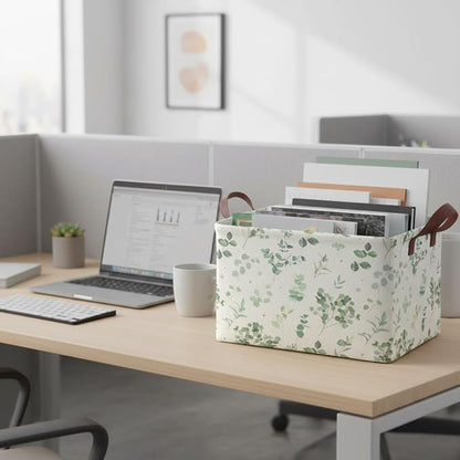 Sage Green Storage Basket Waterproof Canvas Toy Storage Bin Home Decor Collapsible Outdoor Basket with Leather Handles Sage Green Blanket Baskets For Closets,Bedrooms,Gifts Baskets