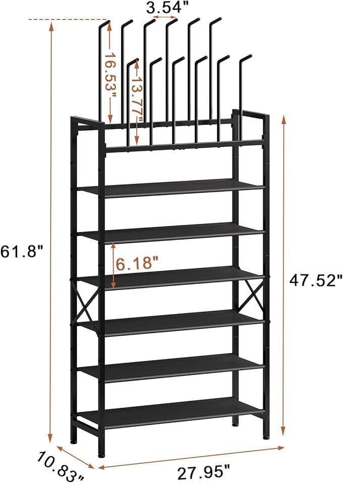 Free Standing Shoe Racks, 8-Tier Boot Rack Organizer for Tall Boots, Sneakers, High-Heel, Black Metal Shoe Storage for Dorm Room, Closet, Entryway, Hallway, Black, Holds 6 Pairs
