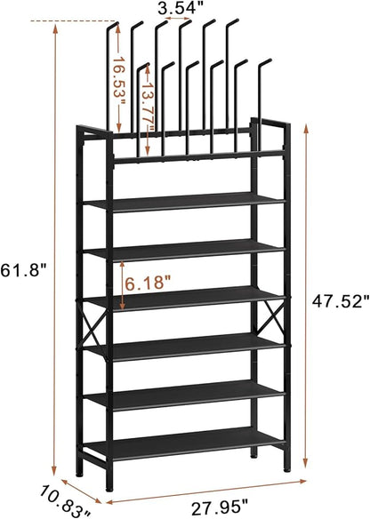 Free Standing Shoe Racks, 8-Tier Boot Rack Organizer for Tall Boots, Sneakers, High-Heel, Black Metal Shoe Storage for Dorm Room, Closet, Entryway, Hallway, Black, Holds 6 Pairs