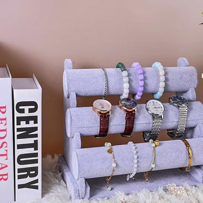 3 Tier Bracelet Holder Display, Velvet Watch Organizer Stand for Selling, Detachable Jewelry Racks for Vendors(Grey)