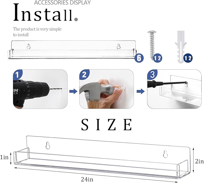 6Pcs/Set 24 Inch Nail Polish Rack Wall Mounted, Lipstick Essential Oil Bottle Clear Holder Organizer, Big Display Stand Wall Shelf for Bottle Cup Make-ups