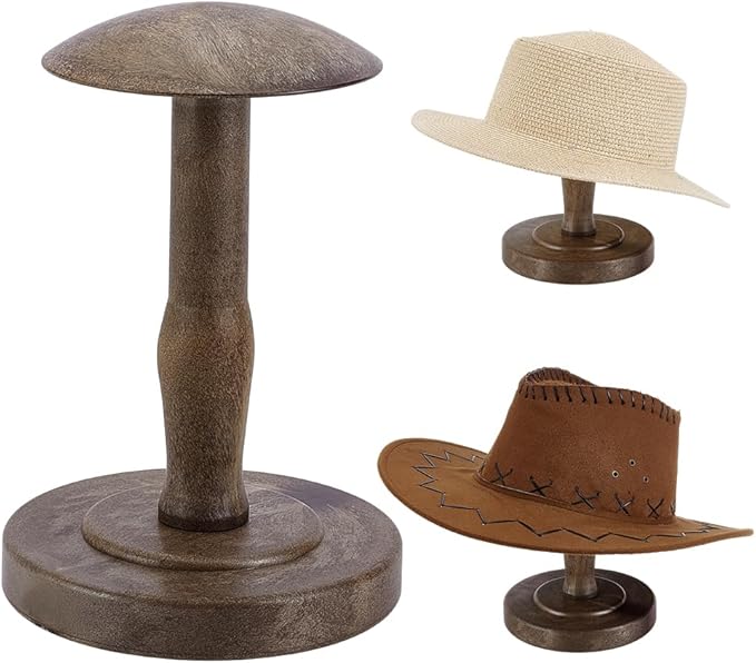 Cowboy Hat Stand Vintage Tabletop Hat Display Rack Rustic Helmet Stand Display for Caps Wigs Helmet Cap Organizer Jewelry Display Riser Decor for Home Desktop Shelf (Brown)