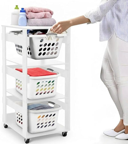 Laundry Basket Holder Shelf – Stackable Engineered Wood Laundry Tower, Tiered Hamper Organizer for Bathroom, Bedroom, Closet (White, 3 Tier)