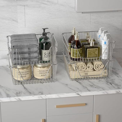 Slideep 14" Large Stackable Storage Baskets, Cabinet Organizer Sturdy Metal Wire Pantry Freezer Bin for Pantry Home Bathroom Kitchen Organization - Set of 8