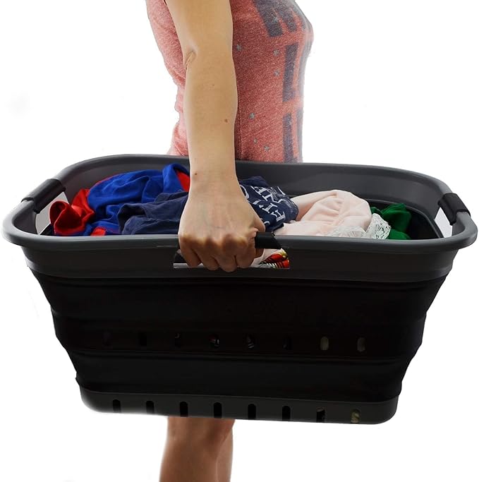 SAMMART 42L Collapsible Plastic Laundry Basket - Foldable Pop Up Storage Container/Organizer - Space Saving Hamper/Basket (1, Grey/Black)